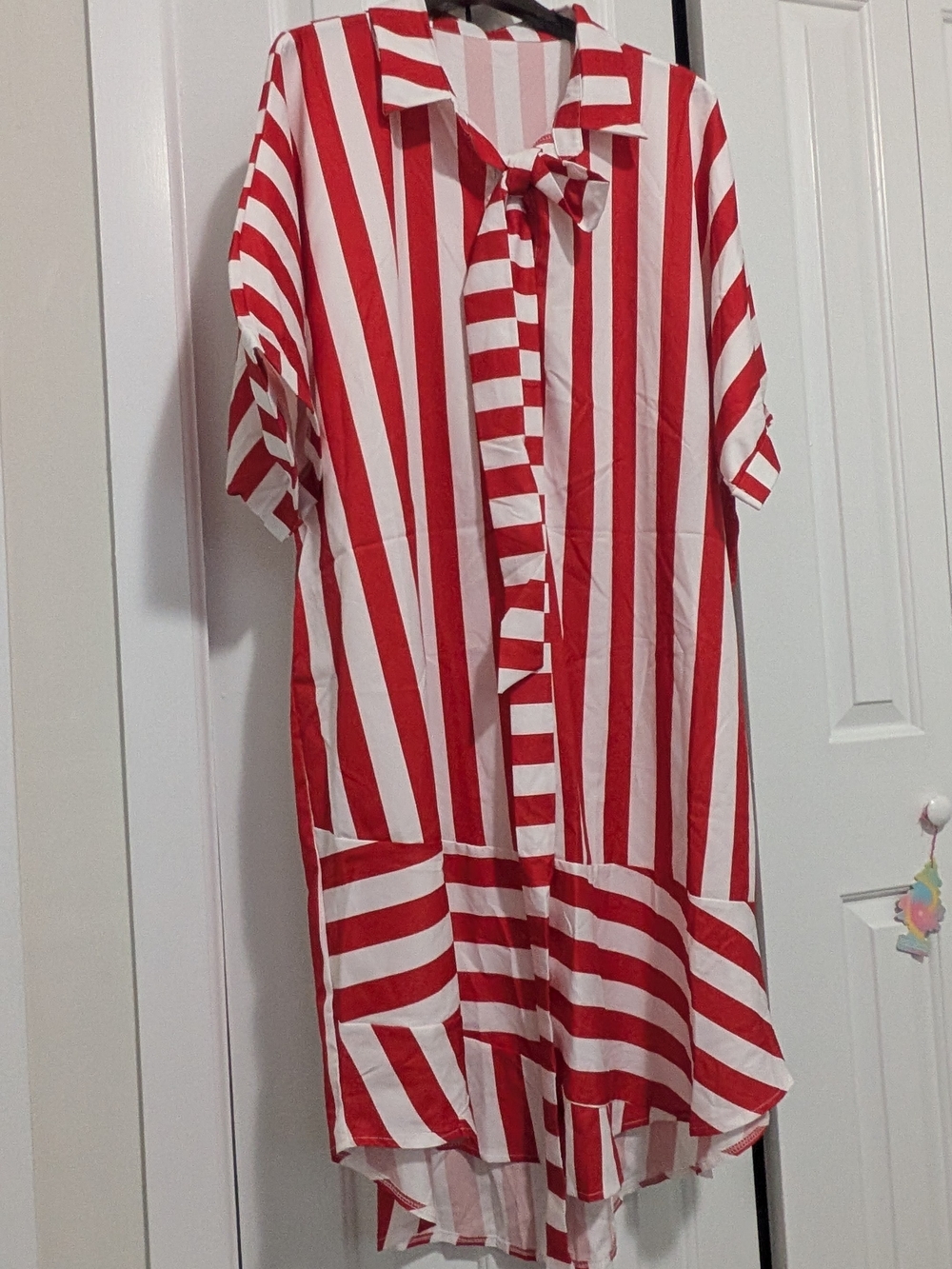 SHEIN Red & White Striped Midi Shirt Dress with Tie Neck
